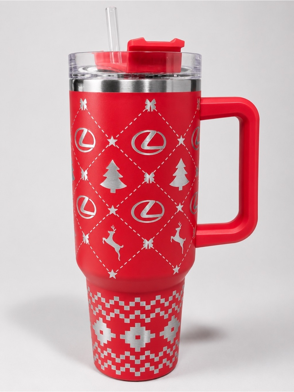40oz Hand Crafted Red and Silver Holiday Travel Mug with Handle